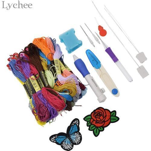 Lychee Life Magic Embroidery Pen Punch Needles Set Clothing Punch Needle Embroidery Thread Rose Butterfly Patch Sewing Accessory