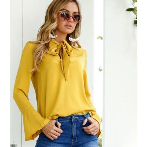 2021 New Fashiont-shirts Flare Long-sleeved Shirt Chiffon Shirts Black Yellow Scarf Collar Tops