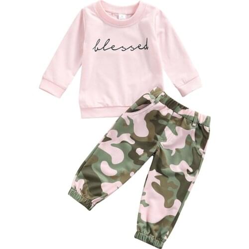 New 2 Pieces Kids Suit Set, Letter Print O-Neck Long Sleeve Tops+ Camouflage Print Long Pants for Girls, 1-6 Years