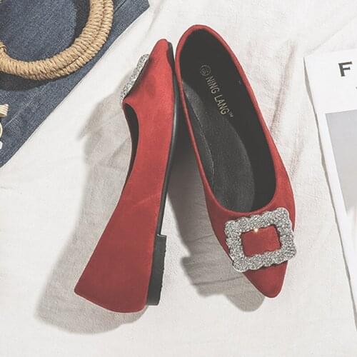 Size34-44Wedding crystal buckle solid pointed toe flock moccasins woman slip on shallow ballet flats women shoes mujer pisos2020