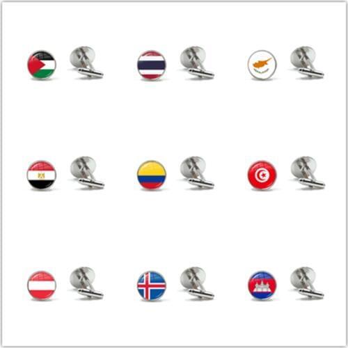 Palestine,Thailand,Cyprus,Egypt,Colombia,Tunisia,Austria,Iceland,Cambodia National Flag Glass Cabochon Cufflinks Button Gift