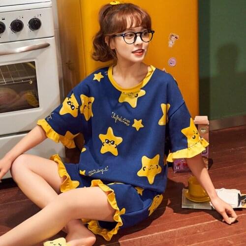 BZEL Star Pattern Womens Cotton Sleepwear Short Sleeves Shorts Pajamas Set New Summer Home Suit For Women Pijamas Casual Pyjama