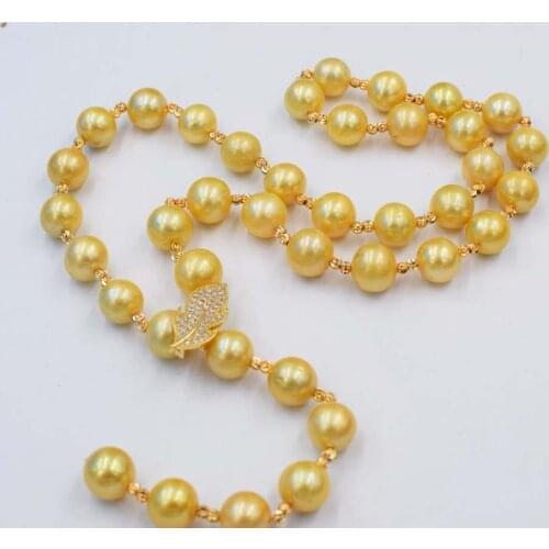 Freshwater pearl yellow near round 10-11mm +leaf pendant necklace 25inch FPPJ wholesale beads nature
