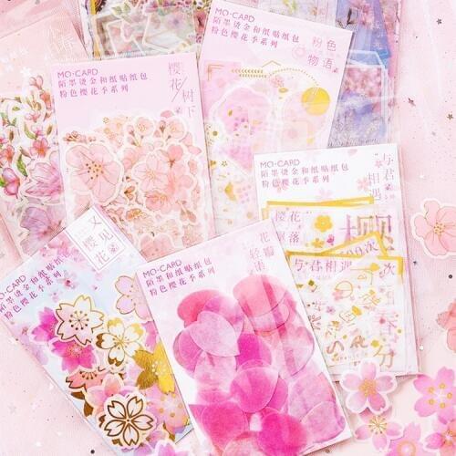 Pink cherry blossoms Gilding Sticker Decoration Diary Scrapbooking Label Sticker Kawaii Korean Stationaries Stickers