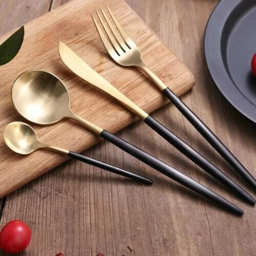 Brushed Steel Black Gold Handle Western Cutlery Serving Fork Knife Set Dinnerware Tableware