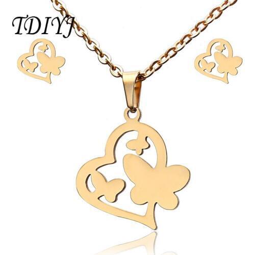 TDIYJ New Arrival Heart Butterfly Necklace Earring Sets for Women Gold Pendant Necklace Jewelry Set