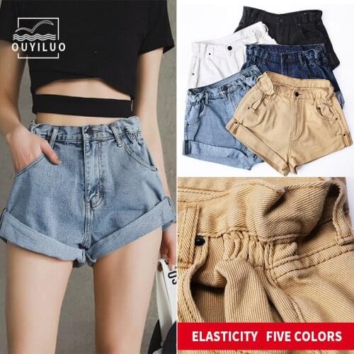High Waisted Denim Shorts Womens Elastic Waist Cuffed Wide Leg jeans A Line Thin Shorts Loose New Korean Style Shorts шорты