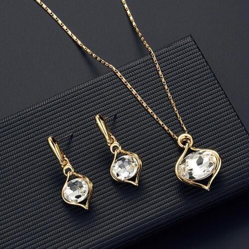 Women Oval Rhinestone BLUELANS Pendant Necklace Ear Stud Earrings Jewelry Set conjunto mujer Valentines Day present 2020