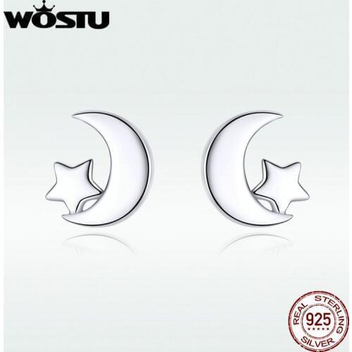 WOSTU New Moon & Star Earrings 100% Real 925 Sterling Silver Earrings For Women Hot Fashion Jewelry Gift Making BKE726