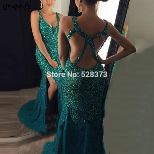 YNQNFS ED199 Vestido de Festa Longo de luxo Cross Back Elegant Crystal Dress Front Open High Slit Bridesmaid Dresses Teal 2019