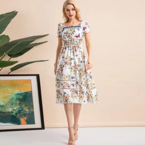 IVY HE 2021 Womens Summer Floral Vintage Party Dress Fashion High waist Beading Printed Elegant Vacation Midi Dresses Traf Robe