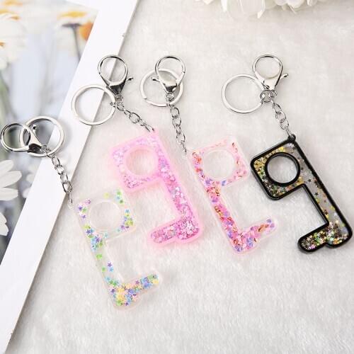 1PC No Touch Door Opener Keychain Contactless Use of Phone, Atm,Elevators and POS Women Handbag Keyring Glitter Hollowed-out
