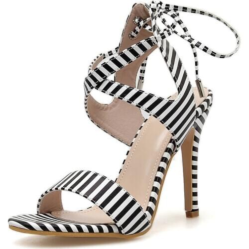 2019 foreign trade new womens shoes European and American style super high heel fine with stripes color matching strap sandals