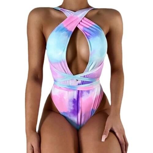Bandage Swimwear Women One Piece Swimsuit Female 2021 Sexy Halter Backless Monokini Printed Bathing Suits Summer Beach Wear Swim