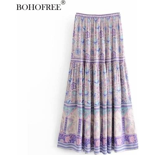 Bohemian Women Dresses Elastic Waist Floral Maxi Falda Mujer Cotton Saia Casual Female Midi Skirts 2020