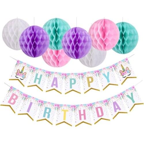 Happy Birthday Paper Banner and 8pc Honeycomb Ball Paper Flover Lantern Ball Party Kids Birthday Party DIY Decoration