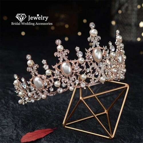 CC Vintage Crown Women Pearl Hairband Engagement Wedding Hair Accessories for Bride Tiara Headpiece Shine Cubic Zirconia HG1271