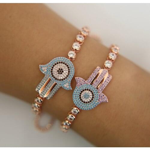 CZ Tennis Hamsa Hand Men Women Lucky Bracelets Micro Pave COLORFUL CZ Braid ADJUSTABLE Bracelets Pulseira Masculina Gift