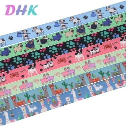 DHK 5/8'' 5yards Alpaca dog printed Fold Elastic FOE stretch ribbon hairbow headwear headband DIY OEM E1757