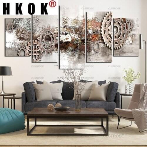 HKOK 5 Panels Canvas Painting Light Gray Gear Mechanical Parts Poster HD Printing Pictures For Living Room Home Decoration