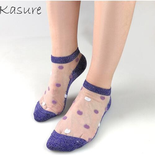 KASURE Spring Summer Thin Dot Colorful Socks Women Transparent Breathable Glass Mesh Cute Cotton Ultra Female Sock
