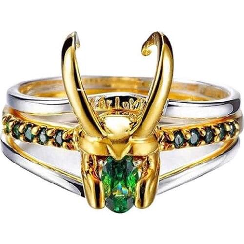 Superhero Thor Loki 3 In 1 Movie Helmet Rings Green Crystal Metal Alloy Stacking Rings Unisex Cosplay Jewelry Props Women Gift
