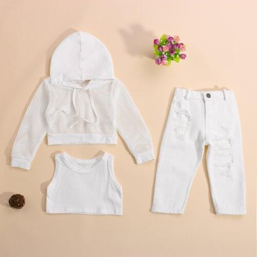 3Pcs Toddler Baby Kid Girl Outfit Mesh Long Sleeve Hooded Tops+Crop Vest+Pants Clothes Fashion Girls Summer Clothes Sets