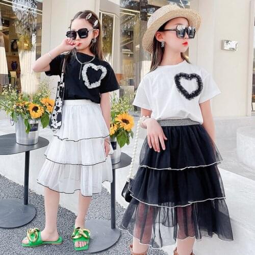 Summer Big Girls New Arrivals Suit Heart Pattern T-Shirt And Multi Layer Mesh Skirt Two Pieces Childrens Clothing Sets 4 To 14Y