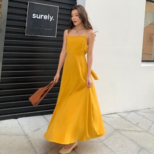 Maxi Yellow Women Slip Dress Summer 2020 Elegant Runway Korean Backless Party Night Dress Long Tropical Vacation Beach Sundress