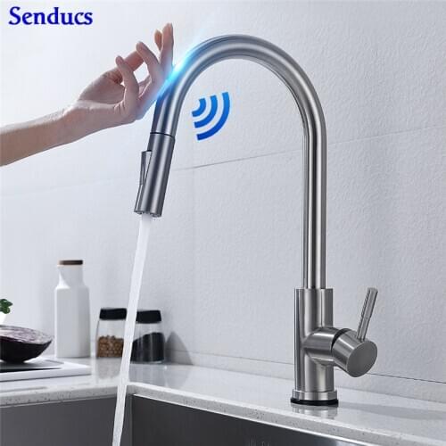 Brushed Touch Kitchen Faucet Senducs 304 Stainless Steel Sensor Kitchen Mixer Tap Pull Down Gold Touch Kitchen Sink Faucets