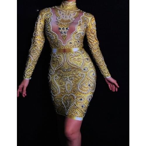 Fashion Rhinestones Pearls Dress Long Sleeves Womens Gold Dress Female Singer Clothes Birthday Celebrate Evening Wear Dress