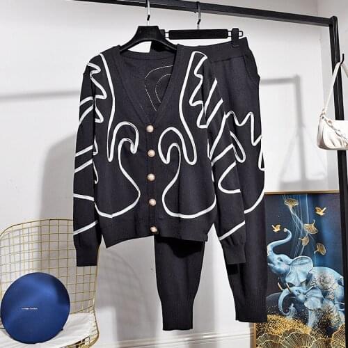 Fashion Black Knitted Tracksuits Women Outfits V-Neck Cardigan Sweater Pencil Pants Two Piece Set Loose Casual Knit Suit Female