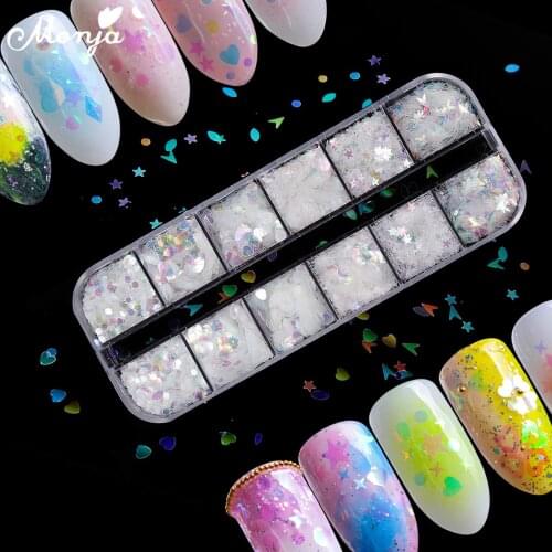 Monja 12 Grids/Box Mixed Shape Colorful Nail Art Sequins Moon Star Heart Pattern Glitter Flake 3D DIY Design Manicure Decoration