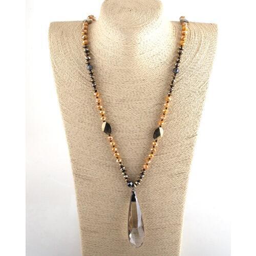 MOODPC Fashion Bohemian Tribal Jewelry Crystal / Hematite Long Knotted Long Glass Drop Pendant Necklaces For Women