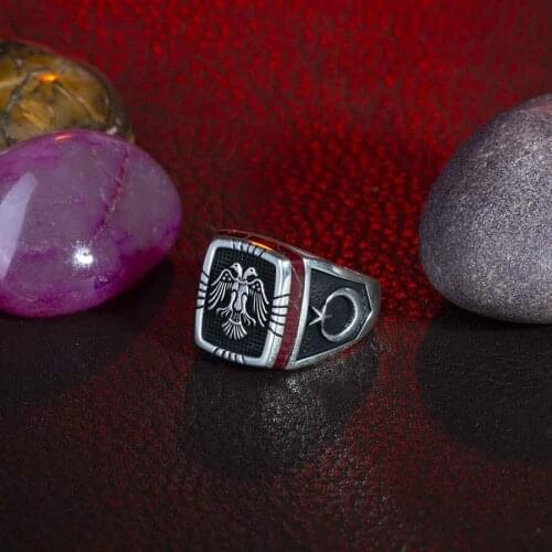 Double Eagle Men Silver Ring Red Agate Stone Men Ring Moon Star Style Jewelry Turkish Men Accessories 925K Silver