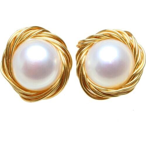 Natural freshwater gold winding temperament S925 8-9mm Tremella nail irregular pure handmade earrings in Europe and America