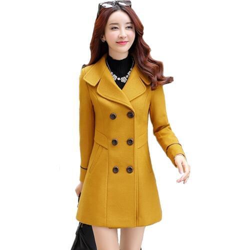 New Autumn Winter Women Woolen Coat Slim Windbreaker Coats Female Fashion Plus size Yellow Wool Blends Jackets Solid color H711
