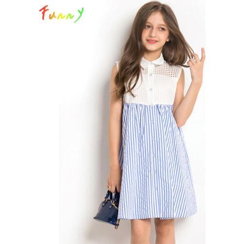White Blue Girls Dress 8 10 12 Years Sleeveless Striped Plaid Princess Dress Party Elegant Children Dress Kids Costume Vestidos