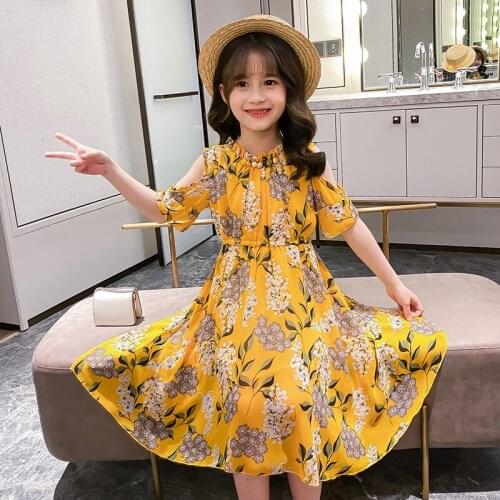 Girls Dresses 2021 Summer Fashion Off Shoulder Chiffon Kids Dresses Flowers Children Clothing Beach Dress for Girls Clothes