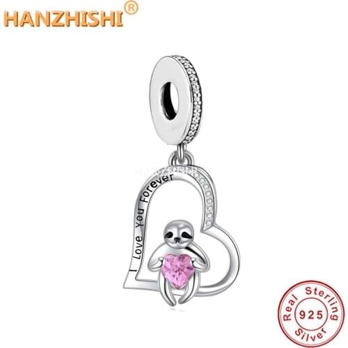 925 Sterling Silver I Love You Forever Animal with Pink Heart Dangle Beads Charms Fit Original Pandora Charm Bracelet Jewelry