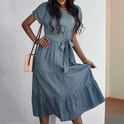 Casual Solid Color Dress Women Fashion Lace-up High Waist A-line Long Dress Summer Elegant Short Sleeve O-neck Maxi Dress