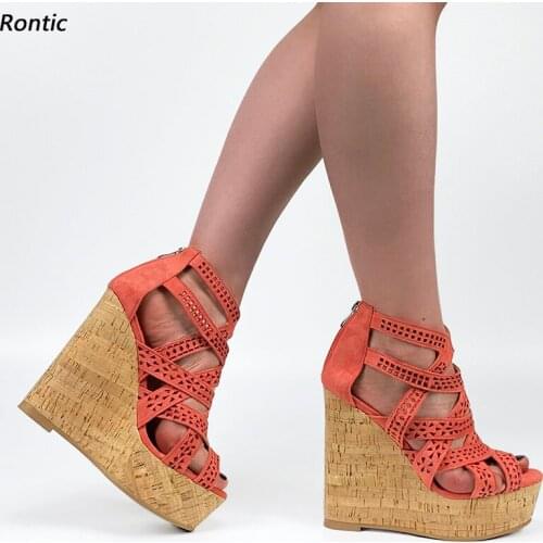 Rontic Handmade Women Platform Sandals Unisex Hollow Out Wedges Heels Open Toe Gorgeous Orange Camel Red Shoes US Size 5-20