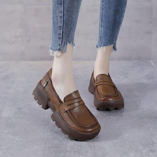 Spring and Autumn First Layer Leather Lazy Shoes Women Thick-soled Single Shoes Womens Shoes British One-step Loafers