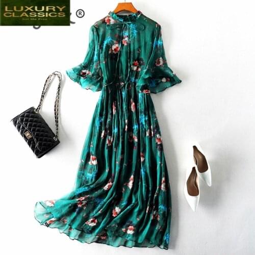 Women Vintage Summer Dress Clothes 2021 Boho 100% Real Silk Long Vestidos Ladies Floral Green Maxi Dress+top Mujer 98006