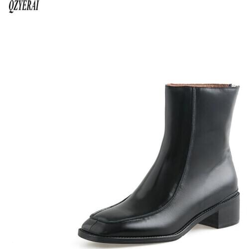 QZYERAI Ankle boots Genuine leather Female boots Square head Womens boots Autumn and winter cowhide Womens shoes