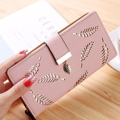 Leather Wallets and Purses Women Leaf Hollow Out Long Wallet Phone Bag Card Holder Coin Pocket Clutch Purses Money Bags Carteira