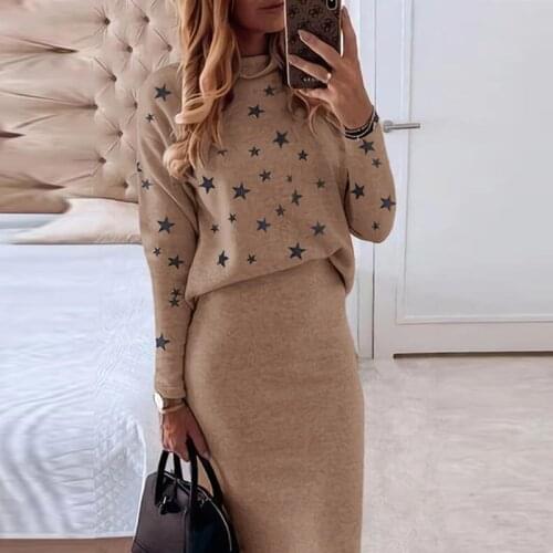 Women Fashion Two Piece Suits Autumn Winter Stars Printed Sweatshirt Set Outfits Casual Long Sleeve Pullover Tops And Skirts Set