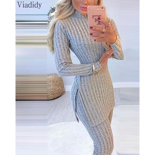 Women Winter 2pcs Suit Long Sleeve Ribbed Slit Long Top and High Waist Knitted Pencil Pants Set