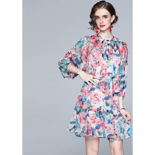Bohemia Summer Women Splicing Fold Loose Beach Chiffon Dress Fashion Designer Flower Printing Lace Up Vacation Mini Dress