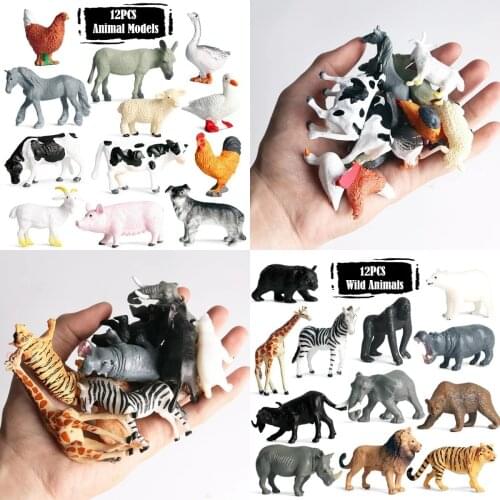 12Pcs/Set Simulation Wild Animal Model Toy Mini Animal Lion Tiger Dinosaur Whale Shark Poultry Child PVC Figures Dolls Toys